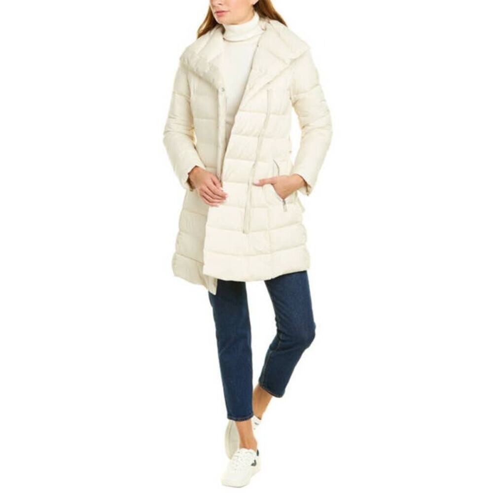 Tahari Kim Quilted Puffer Coat Women's Ivory Cream Belted Sash Stretch M